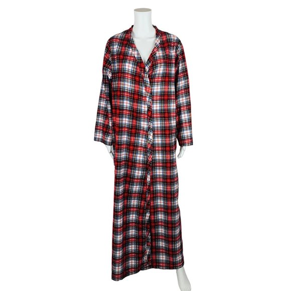 Vintage 60s Plaid Robe Red Cotton Long Flannel Sleepwear